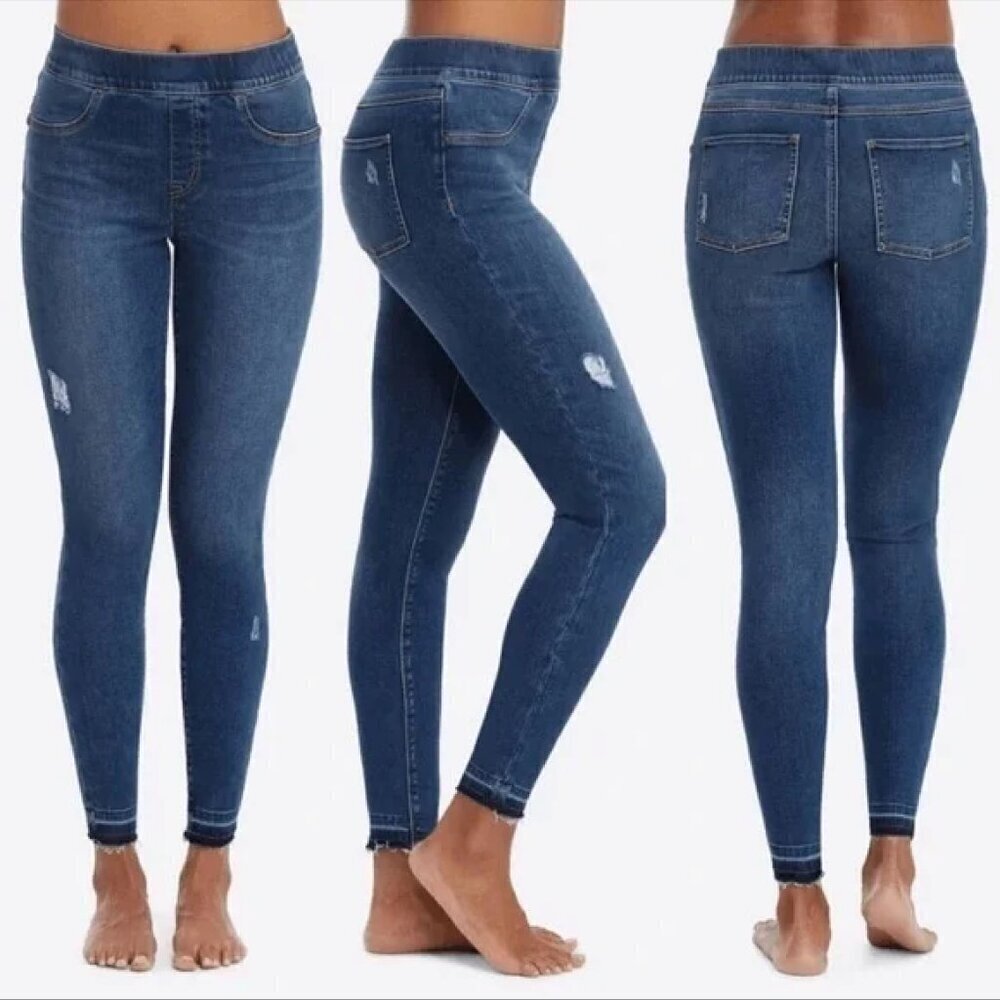Women's M Spanx Distressed Ankle Skinny Jeans Raw Hem Denim Leggings
